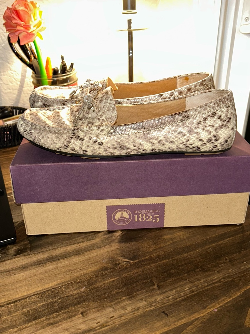 Isaac Mizrahi Taupe Snake-Print Loafers